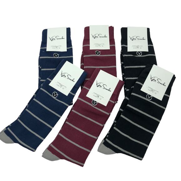 Lot 6 Pairs Mens Socks 9 - 13 Crew Socks Dress Socks Striped Combed Cotton Vybe - Picture 1 of 9